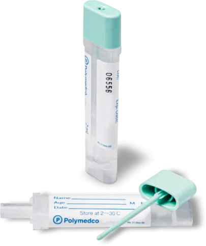 Flaconete de coleta OC-Auto com tampa verde e bastonete ColOff, da Polymedco